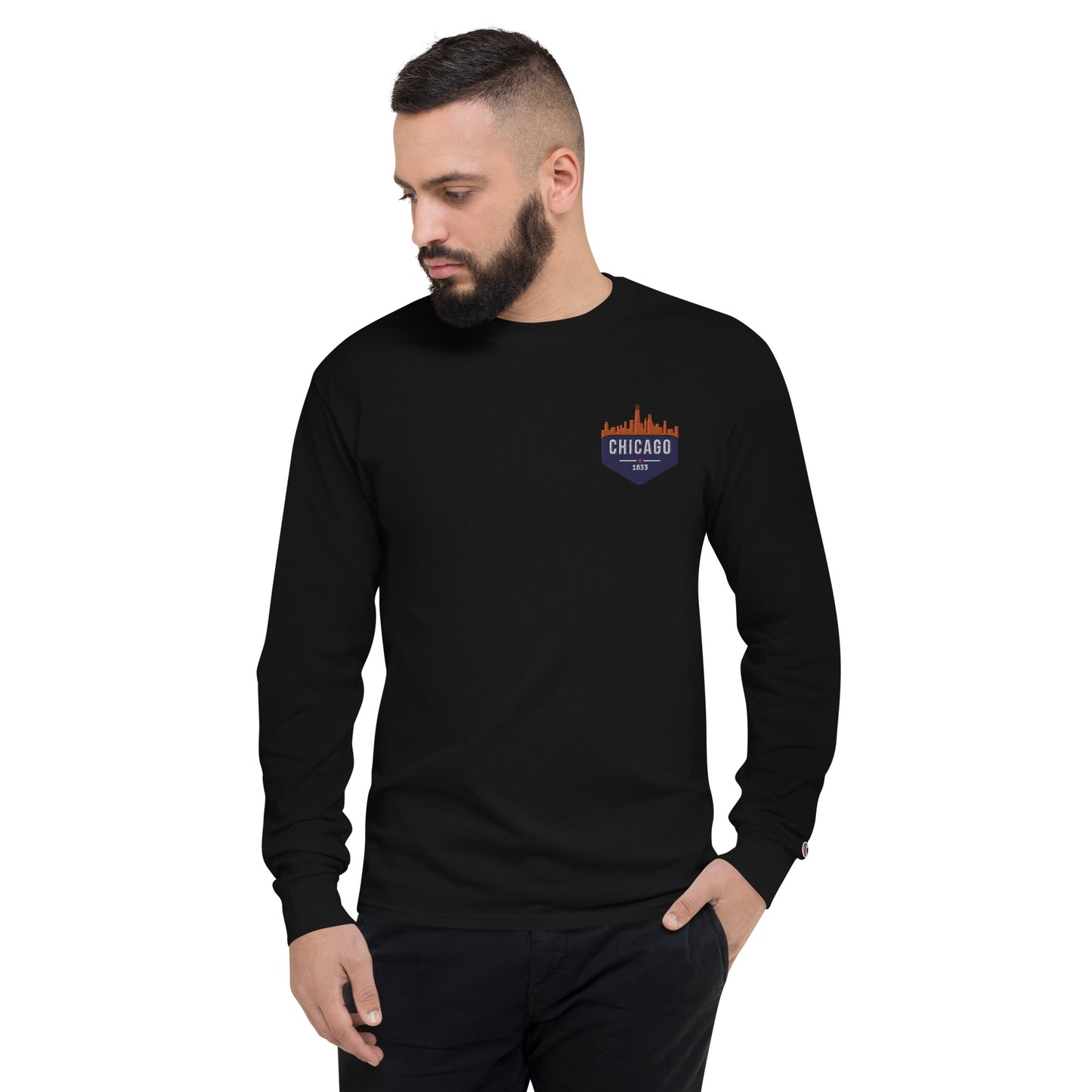 Men's Champion Long Sleeve Shirt | Embroidered Chicago Bears Theme Patch