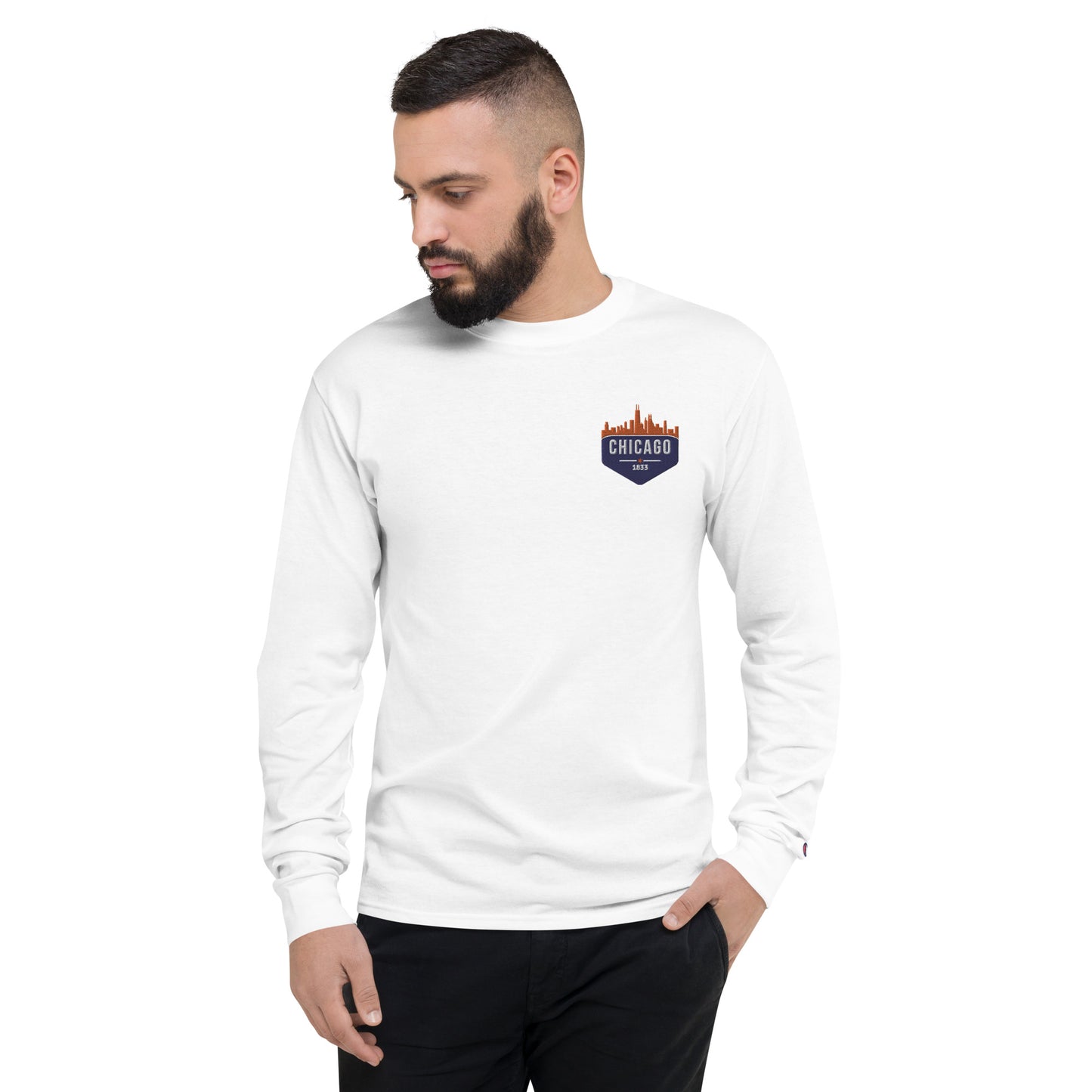 Men's Champion Long Sleeve Shirt | Embroidered Chicago Bears Theme Patch